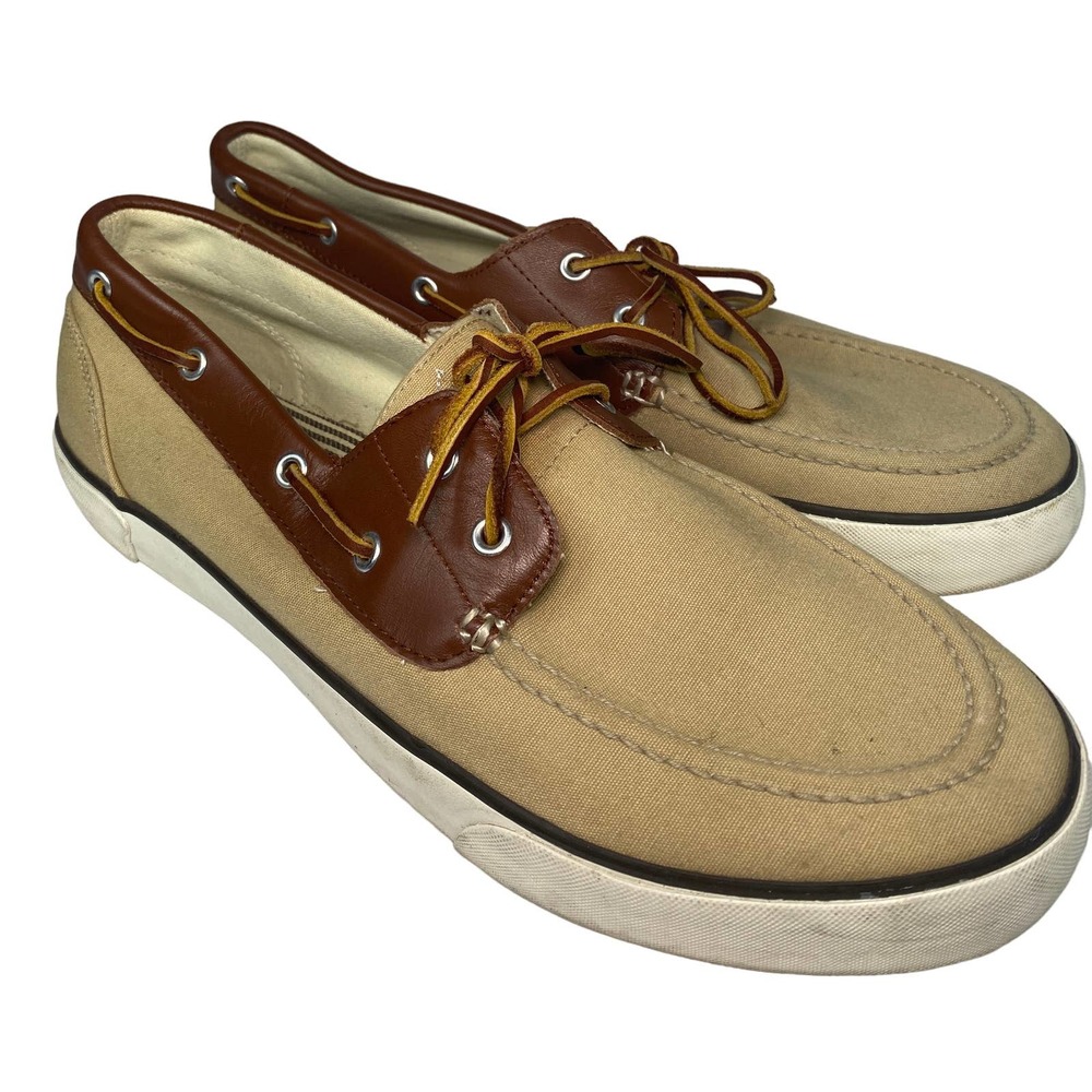 Vintage POLO RALPH LAUREN RYLANDER tan Sz 13D CANVAS LEATHER UPPER BOAT SHOES